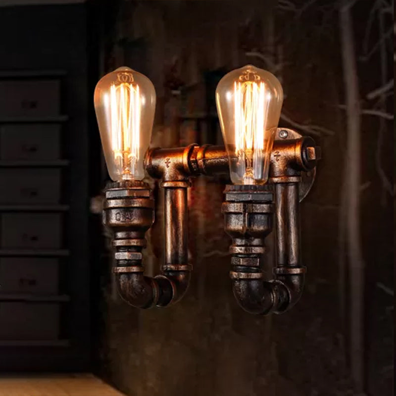 Vintage Iron Wall Light Fixture For Restaurants With Rustic Water Pipe Design And Dual Bulbs