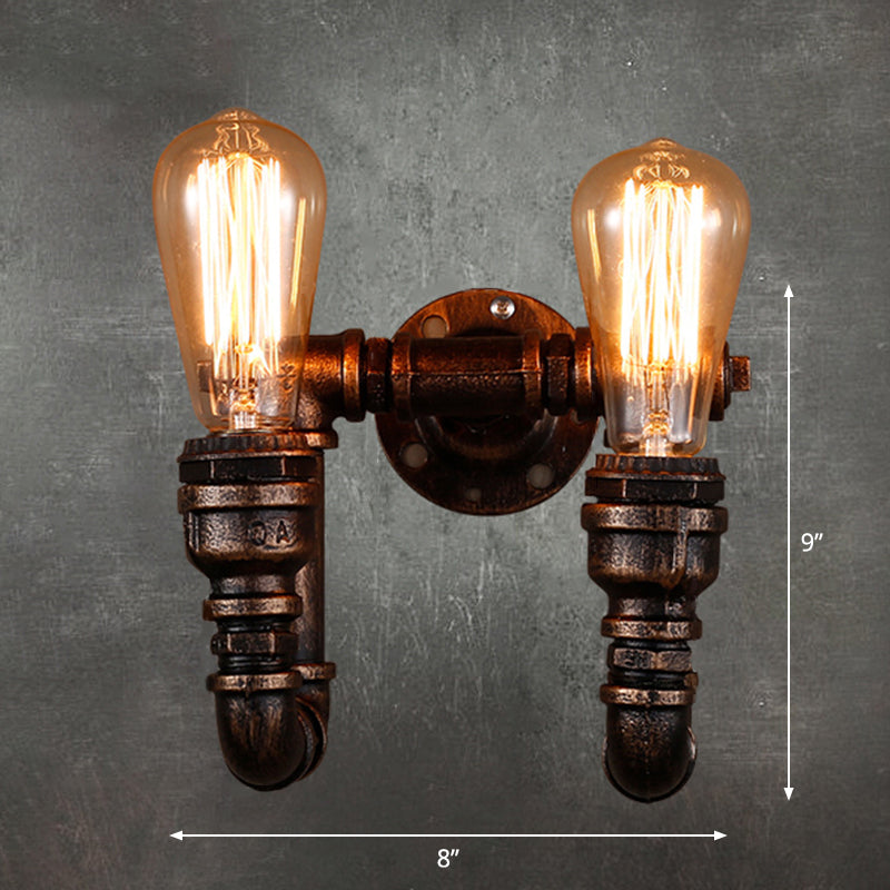 Vintage Iron Wall Light Fixture For Restaurants With Rustic Water Pipe Design And Dual Bulbs Rust