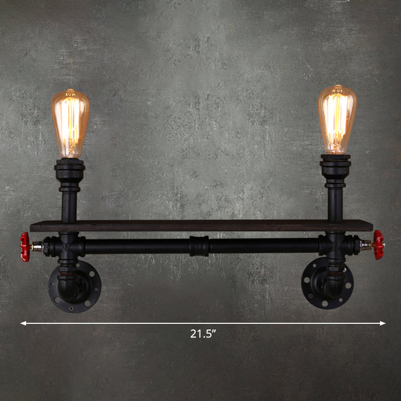 Retro Water Pipe Wall Light With 2 Heads And Iron Shelf Black Finish - Ideal For Living Rooms