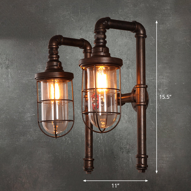 Vintage Rust Elongated Dome Wall Light Fixture With Clear Glass 2 Heads And Metallic Cage - Ideal