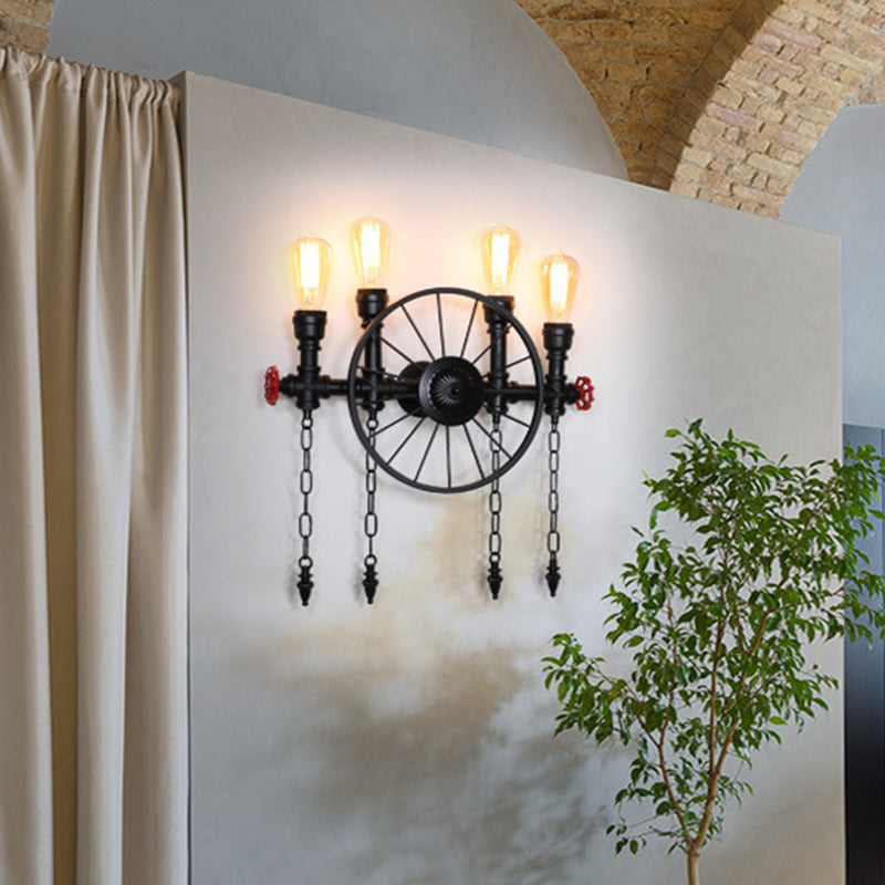 Retro Iron Piping Wall Light With Valve Decor For Wagon Wheel Restaurant In Black