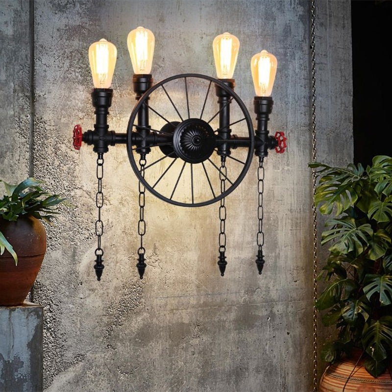 Retro Iron Piping Wall Light With Valve Decor For Wagon Wheel Restaurant In Black