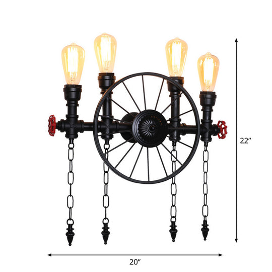 Retro Iron Piping Wall Light With Valve Decor For Wagon Wheel Restaurant In Black 4 /