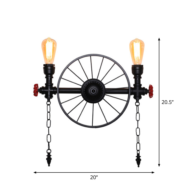 Retro Iron Piping Wall Light With Valve Decor For Wagon Wheel Restaurant In Black 2 /