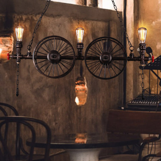 Metallic Pendant Light: Antique 3-Head Wagon Wheel Design For Restaurants And Hanging Islands With