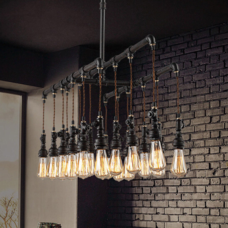 Rustic Black Iron Industrial Pipe LED Island Chandelier for Restaurants