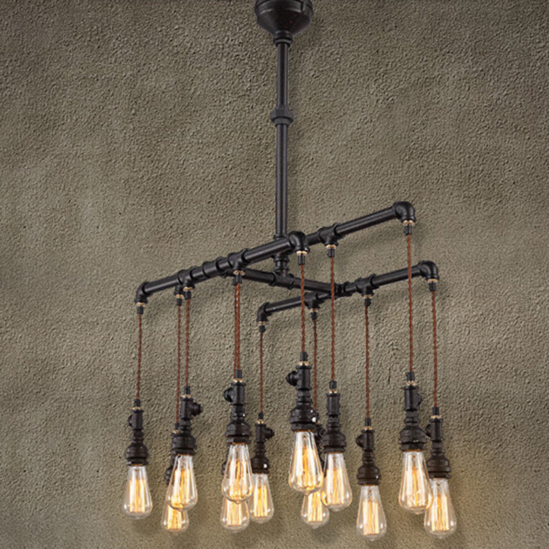 Rustic Black Iron Industrial Pipe LED Island Chandelier for Restaurants