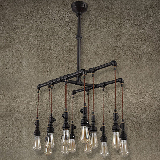 Black Industrial Led Pipe Chandelier For Restaurant Island - Iron Plumbing Hanging Lamp 12 /