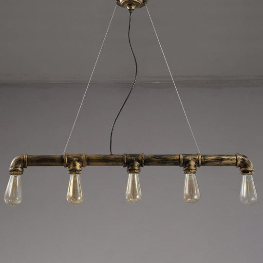 Vintage Linear Pipe Iron Island Ceiling Light - 5 Heads Hanging Pendant For Restaurant Bronze
