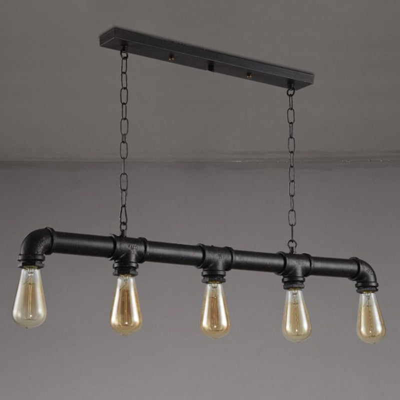 Vintage Linear Pipe Iron Island Ceiling Light - 5 Heads Hanging Pendant For Restaurant Black