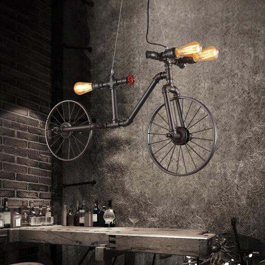 Retro Style Iron Piping Bicycle Hanging Lamp - 3 Bulbs Ceiling Light Black
