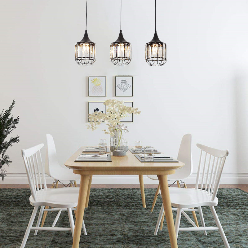 Nordic Black Dining Room Pendant With Metal And Crystal Shades - 3 Light Cluster / Cylinder