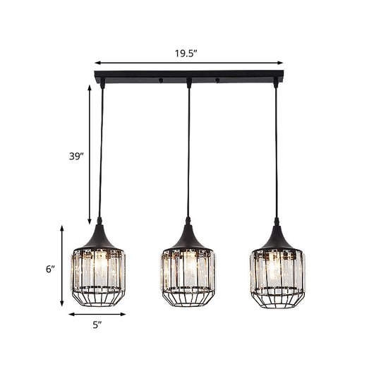 Nordic Black Dining Room Pendant With Metal And Crystal Shades - 3 Light Cluster