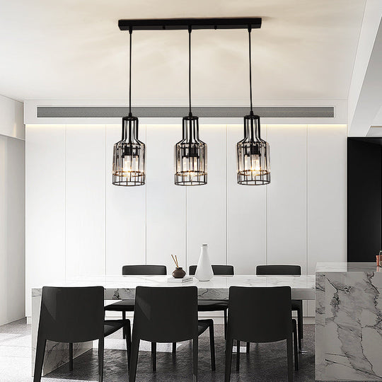 Nordic Black Dining Room Pendant With Metal And Crystal Shades - 3 Light Cluster / Bottle