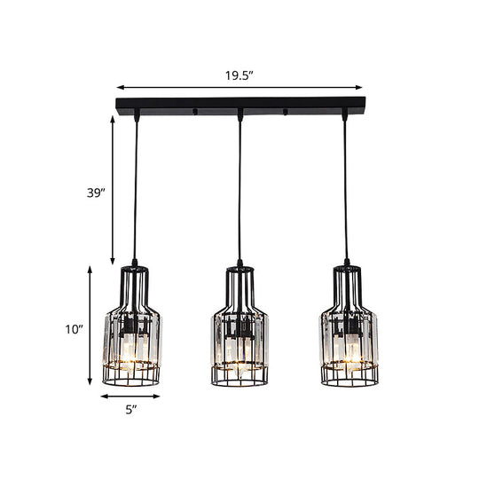 Nordic Black Dining Room Pendant With Metal And Crystal Shades - 3 Light Cluster