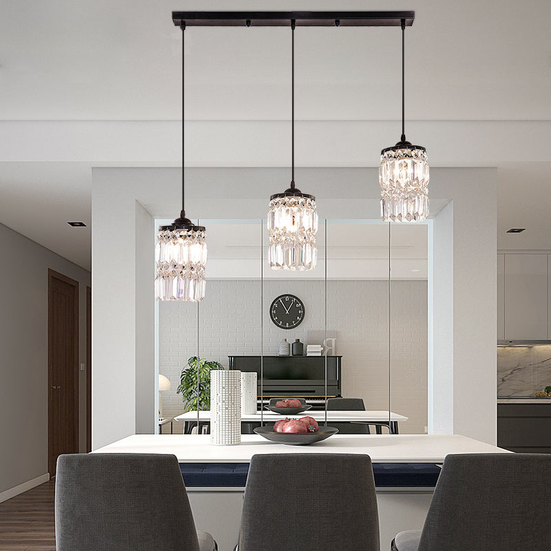 Black Crystal Cluster Pendant Light With 3 Cylinder Shades And Round/Linear Canopy / Linear