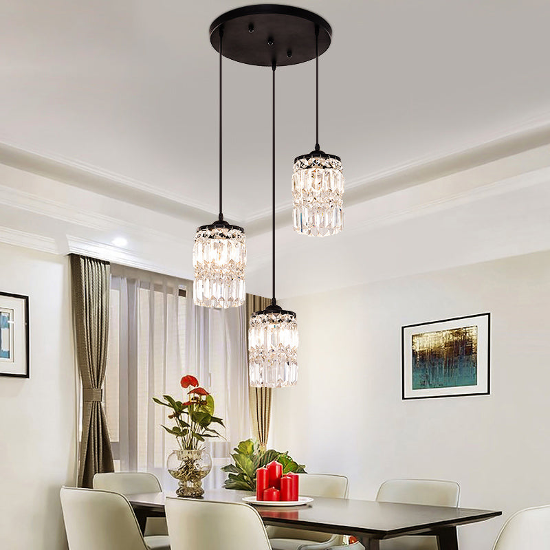 Black Crystal Cluster Pendant Light With 3 Cylinder Shades And Round/Linear Canopy / Round
