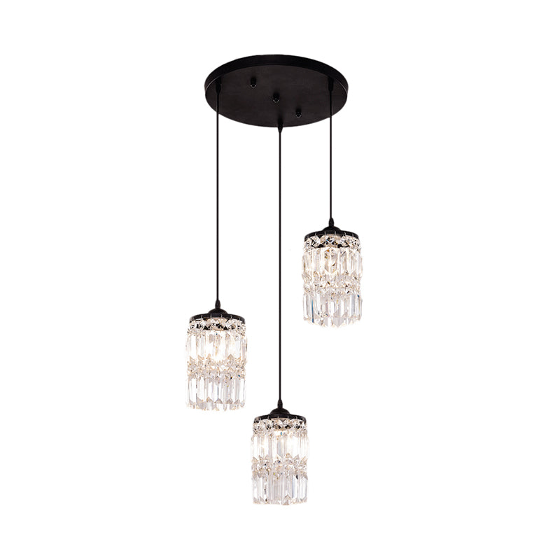 Black Crystal Cluster Pendant Light With 3 Cylinder Shades And Round/Linear Canopy