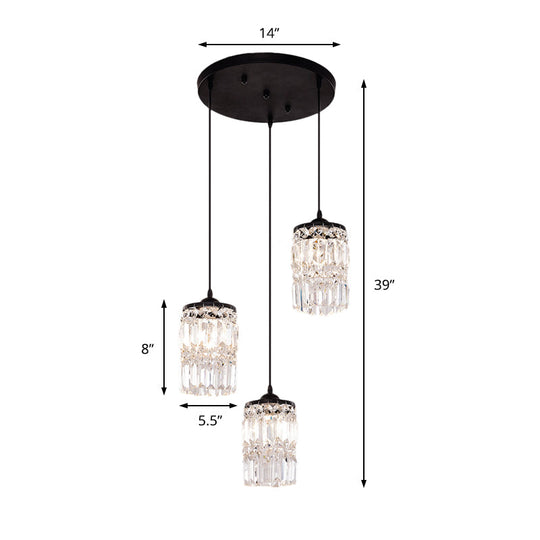 Black Crystal Cluster Pendant Light With 3 Cylinder Shades And Round/Linear Canopy