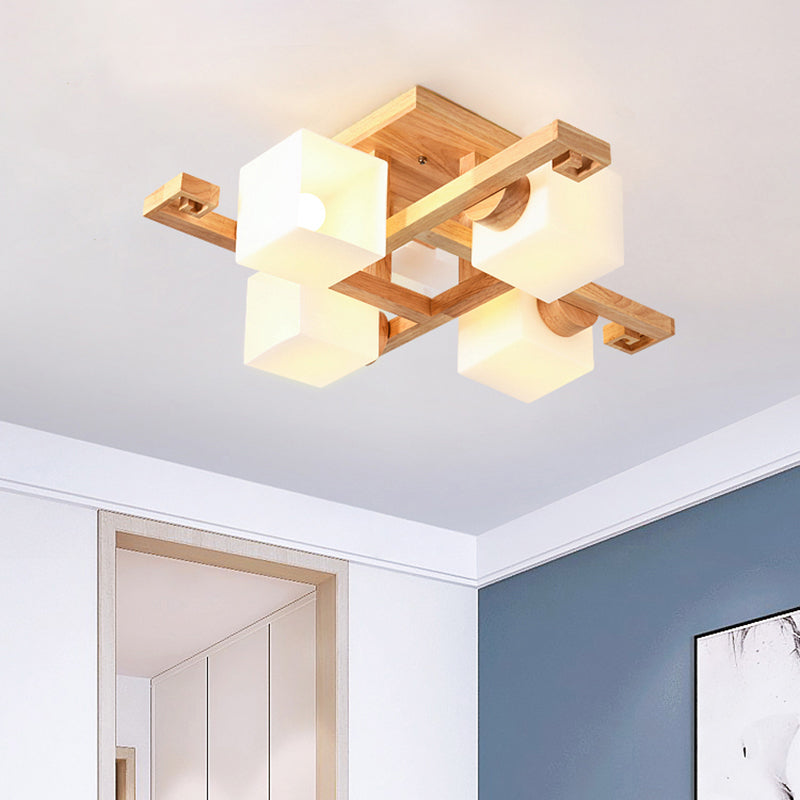 Nordic White Glass Cube Semi Flush Mount Ceiling Light With Wooden Canopy 4 /