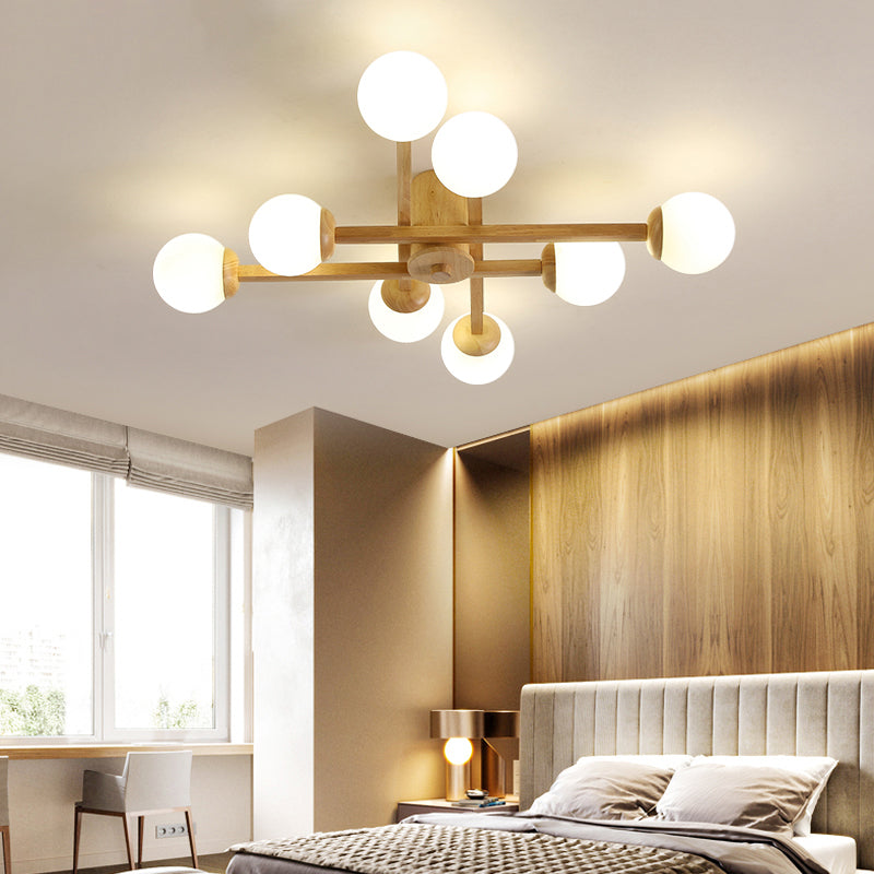 Semi Flush Mount Opal Glass Chandelier With Simplicity Design For Living Room In Wood Finish 8 /