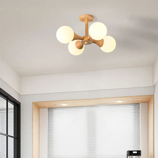 White Glass Flush Mount Chandelier with Nordic Style Ball, Wood Canopy - Perfect for Bedrooms
