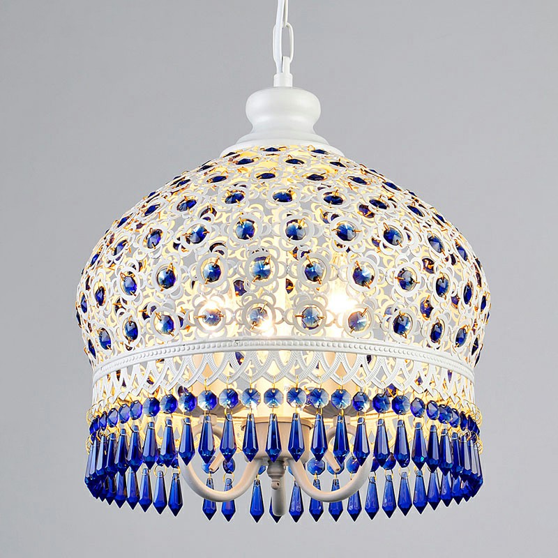 Vintage Iron Pendant Light Fixture With Crystal Accent - 3 Heads Blue-White