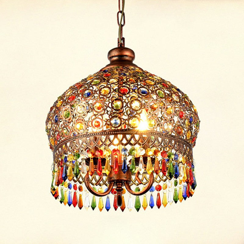 Vintage Iron Pendant Light Fixture With Crystal Accent - 3 Heads