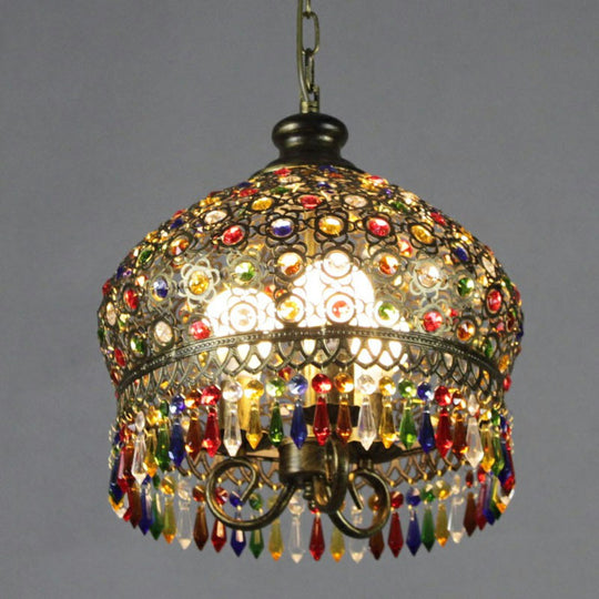 Vintage Iron Pendant Light Fixture With Crystal Accent - 3 Heads Bronze