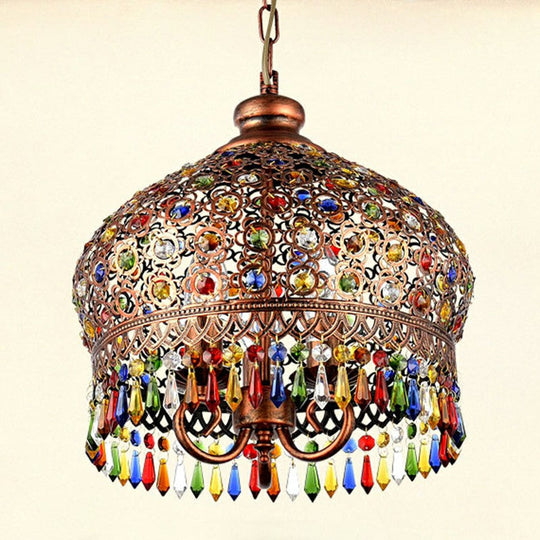 Vintage Iron Pendant Light Fixture With Crystal Accent - 3 Heads