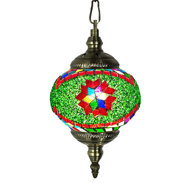 Classic Oblate Stained Glass Ceiling Pendant Light - Restaurant Hanging Lamp With 1 Bulb