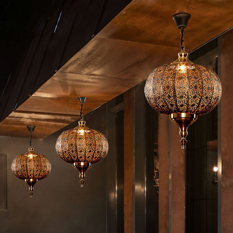 Traditional Oblate Lantern Pendant Ceiling Light - Metallic Suspension Restaurant Lighting (1-Light