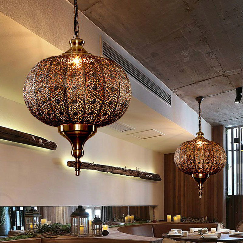 Traditional Oblate Lantern Pendant Ceiling Light - Metallic Suspension Restaurant Lighting (1-Light