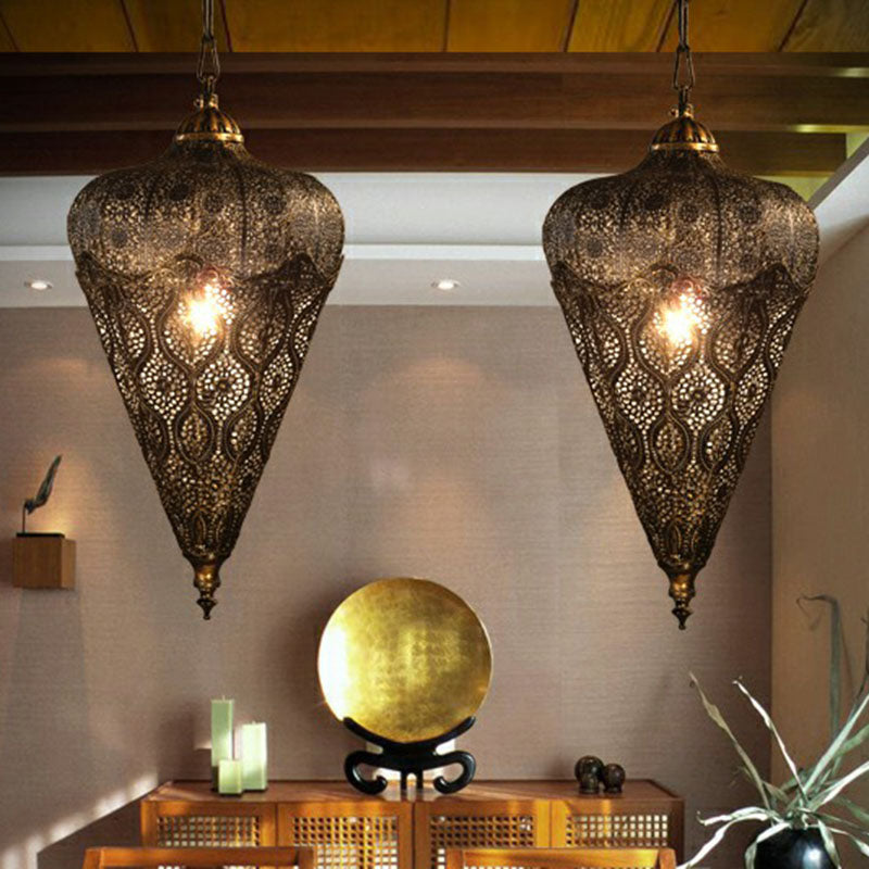 Bronze Iron Hollow Ceiling Light - Classic Single-Bulb Pendant For Restaurants