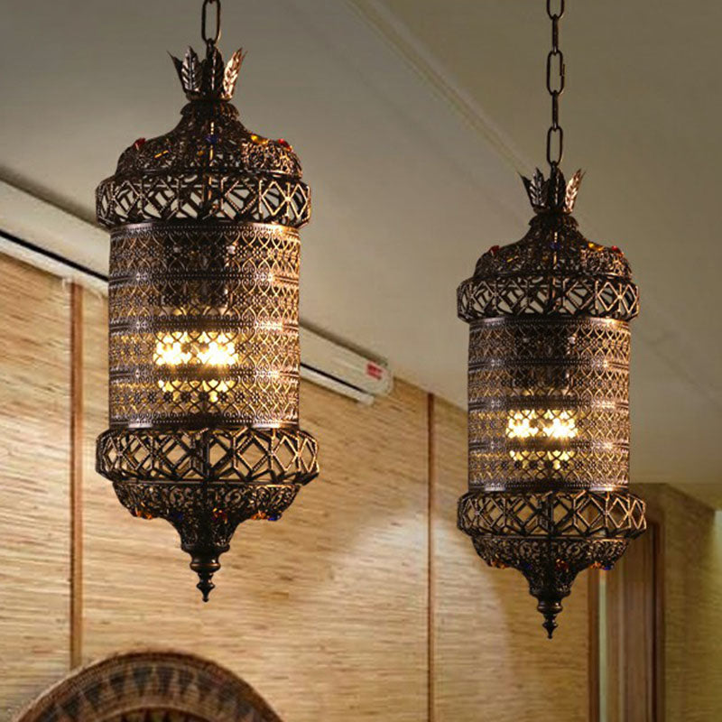 Bronze Carved Lantern Iron Suspension Pendant Ceiling Light With South-East Asian Influence - Ideal