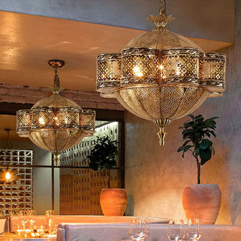 Bronze Metallic Cut-Out Ceiling Light - 6 Bulb Pendant For Southeast Asian Restaurants