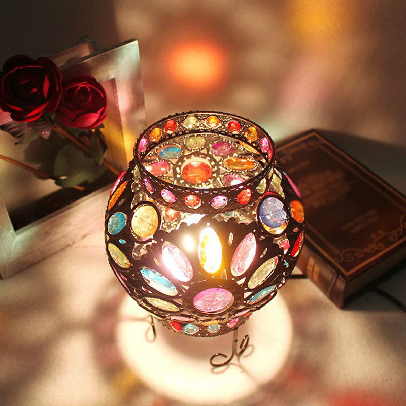 Bronze Oblate Iron Table Lamp With Acrylic Bead: Traditional 1-Light Bedroom Nightstand Lighting