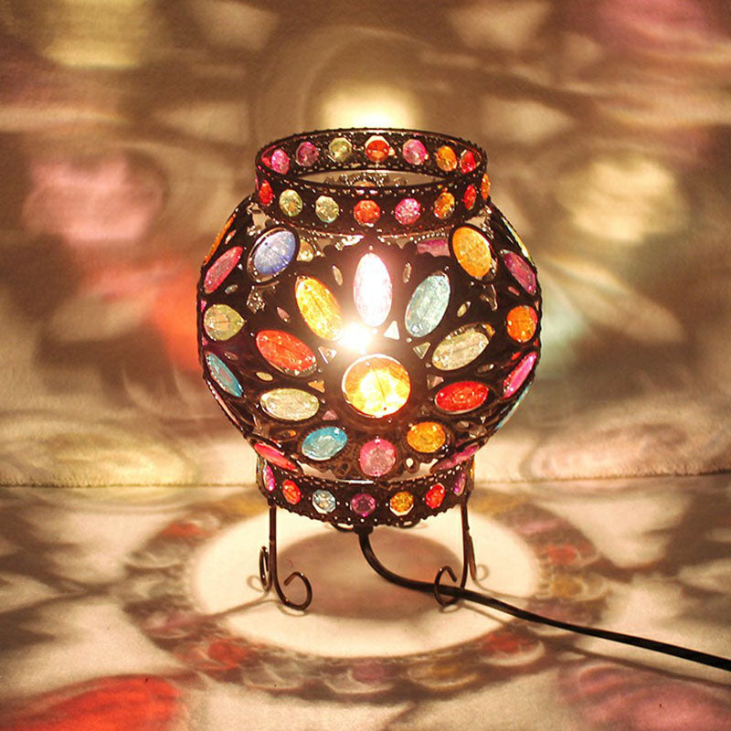 Bronze Oblate Iron Table Lamp With Acrylic Bead: Traditional 1-Light Bedroom Nightstand Lighting