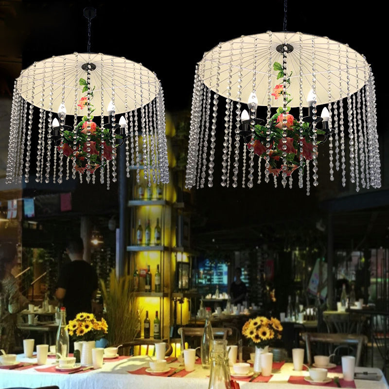White Industrial Crystal Chandelier - 5-Light Umbrella Shade Ceiling Light For Restaurants