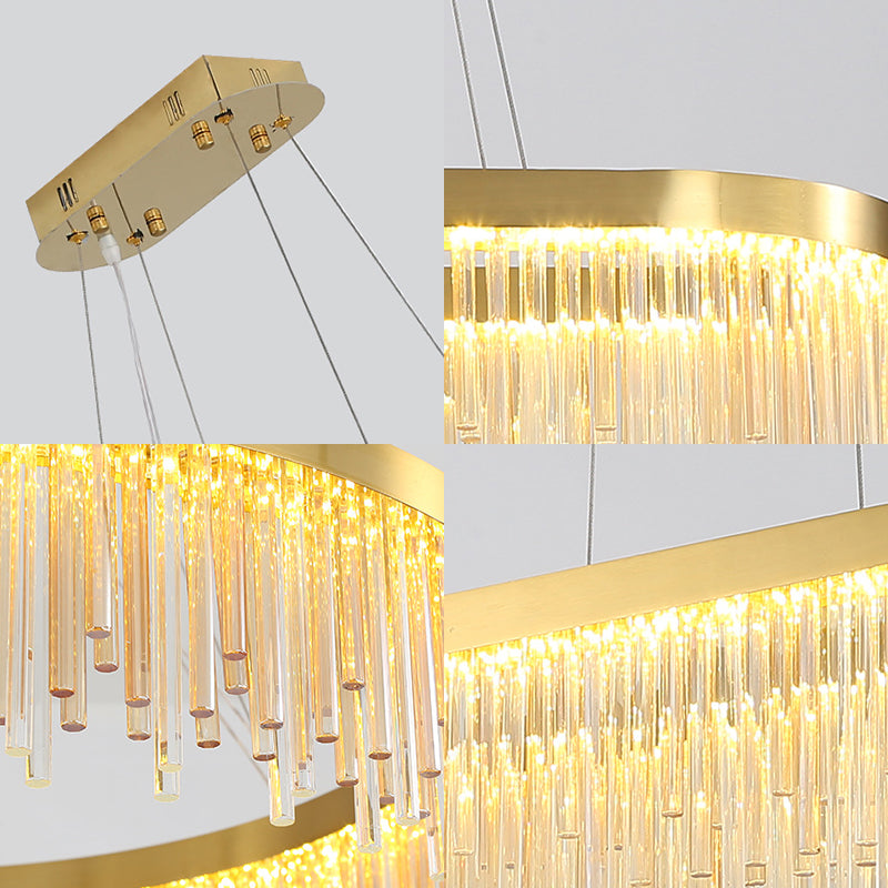 Modern Brass Led Chandelier Light For Dining Room - Oval Crystal Rod Ceiling Fixture