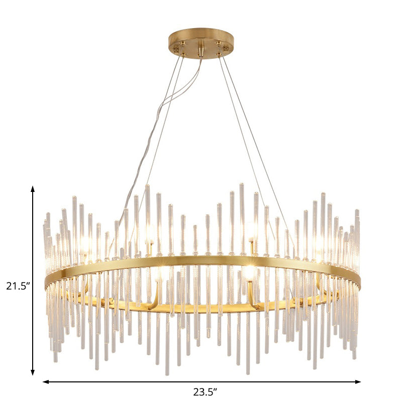 Modern Crystal Rod Chandelier Pendant Light Round Brass Hanging Kit For Living Room (6/8 Lights)