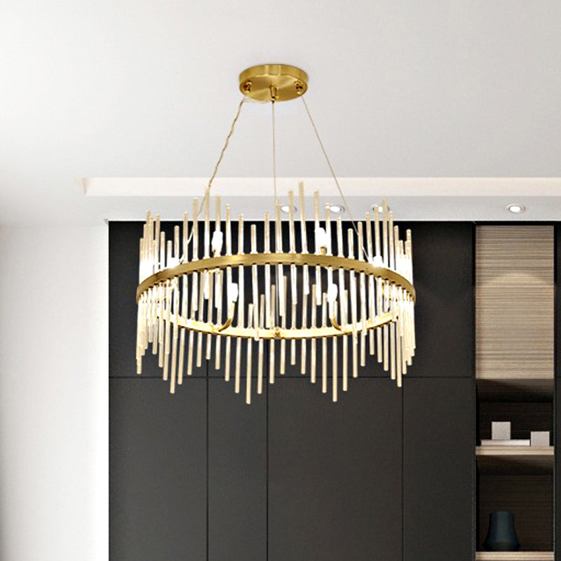 Modern Crystal Rod Chandelier Pendant Light Round Brass Hanging Kit For Living Room (6/8 Lights) 6 /