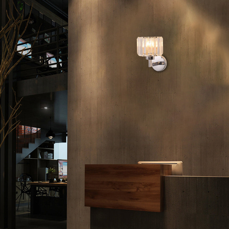 Modern Chrome Wall Sconce Light With Crystal Rod Shade - 1-Light Hallway Mount / Cylinder