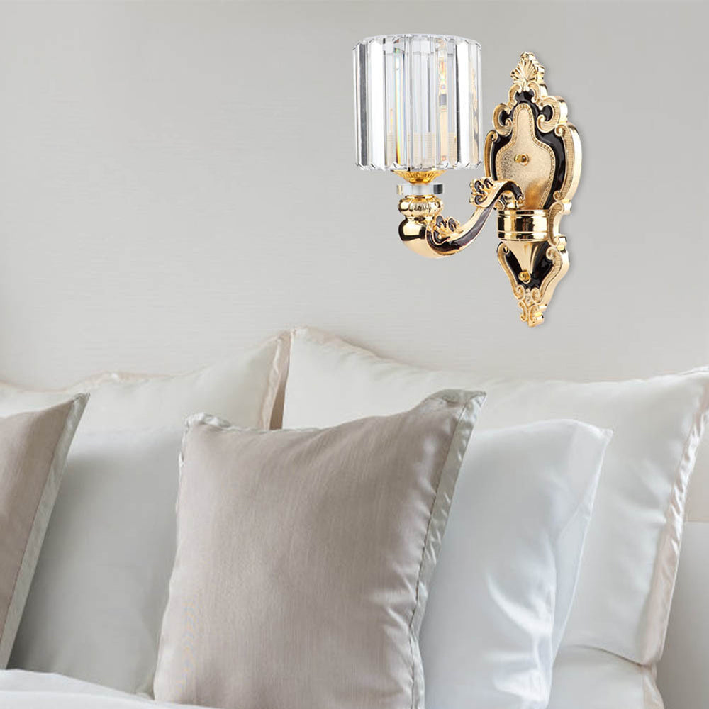 Gold Crystal Cylinder Sconce Light - Rectangular-Cut Contemporary Bedroom Wall Mount