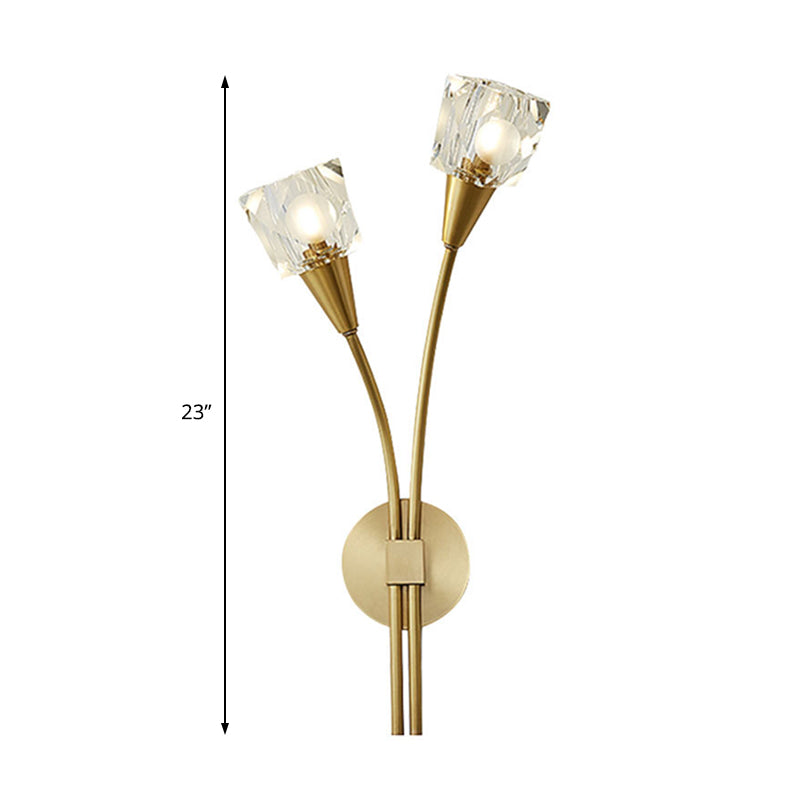 Contemporary Faceted Crystal Bud Wall Sconce Light - 2 Lights Brass Finish Bedroom