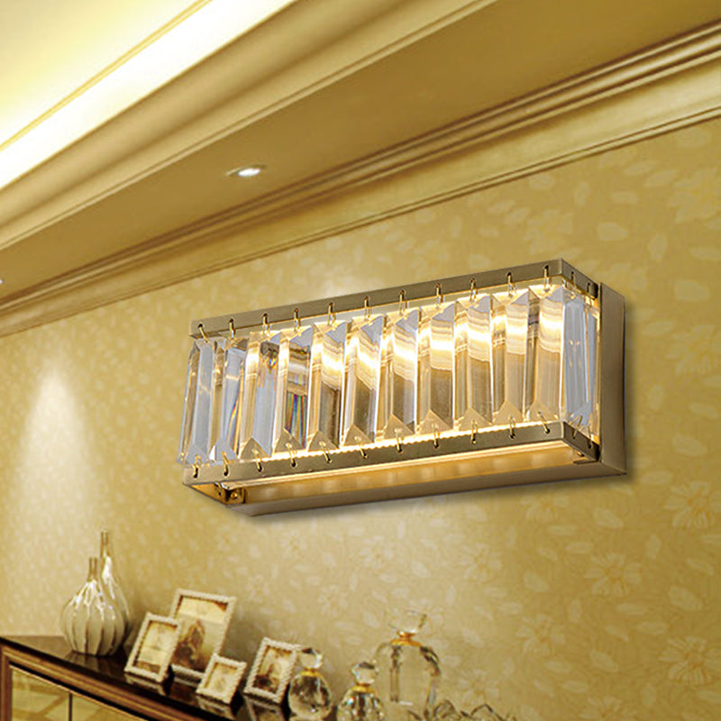 Golden Rectangle Led Wall Mount Light With Clear Faceted Crystal - Modern Metallic Lighting Fixture