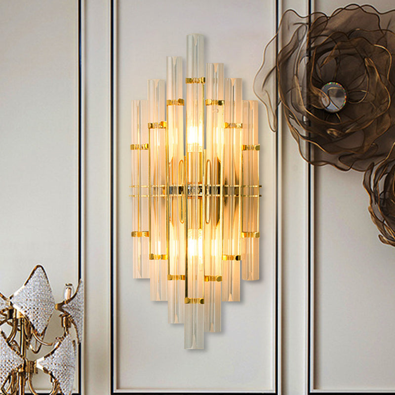 Contemporary Gold Finish Bedroom Wall Sconce With Crystal Tube Shape - 2 Lights