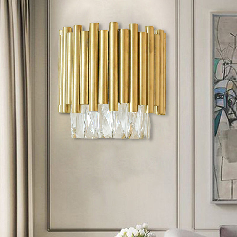 Modernist Clear Faceted Crystal Wall Mount 1 Light Brass For Living Room