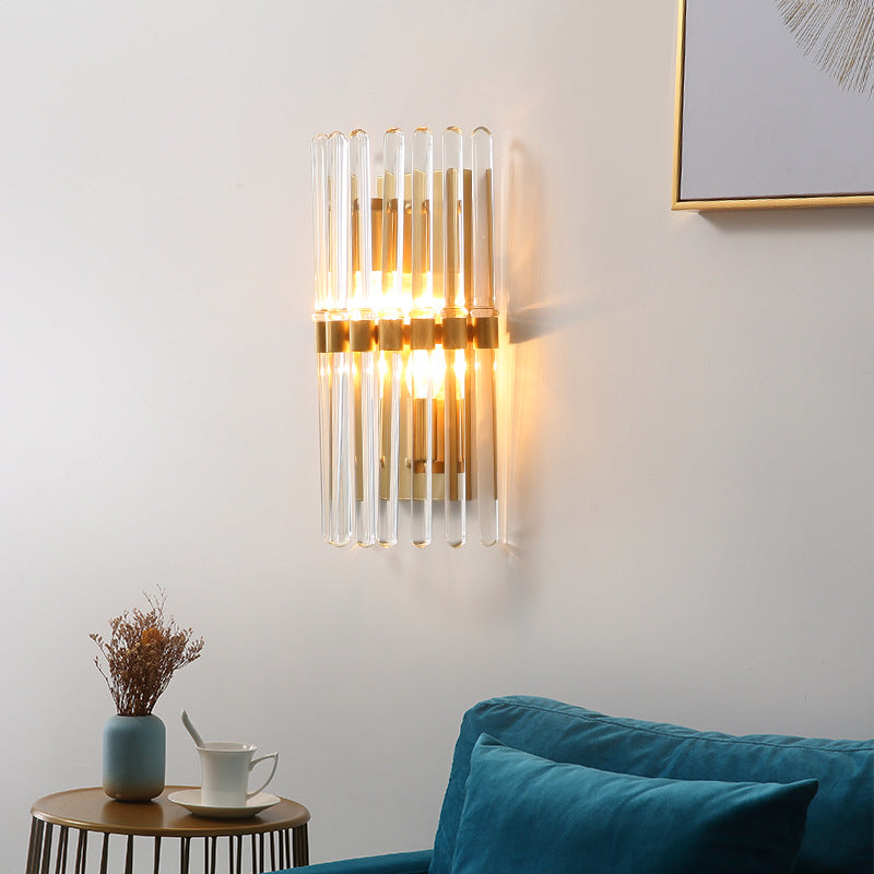 Clear Crystal Half-Cylindrical Wall Sconce Lamp: Contemporary Brass Finish Lighting For Bedroom