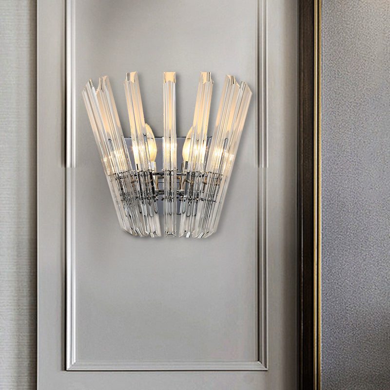 Contemporary Tapered Wall Mount Light With Clear Crystal For Corridors - Chrome Finish 2 Bulbs